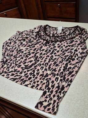 Doncaster Pink and Black Leopard-Print Long  Sleeve 95% Silk  Top